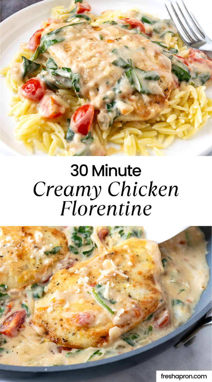 Creamy Chicken Florentine in a pan and served on a white plate over orzo. Florentine Pasta Recipes, Homemade Chicken Nuggets Baked, Creamy Chicken Florentine, Pasta Florentine, Creamy Chicken Spinach, Creamy Chicken Spinach Pasta, Chicken Spinach Recipes, Chicken Florentine Pasta, Chicken Florentine Recipe