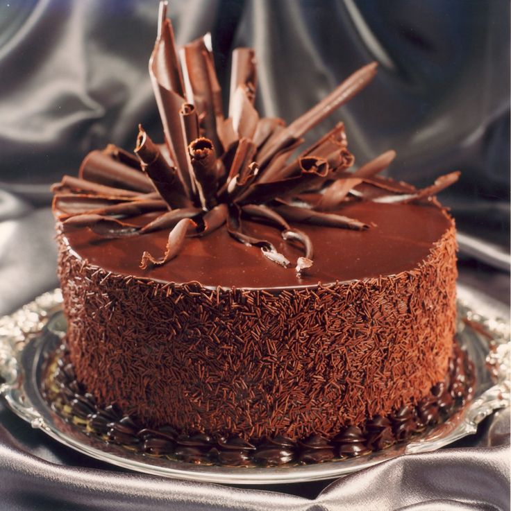 a chocolate cake sitting on top of a glass plate