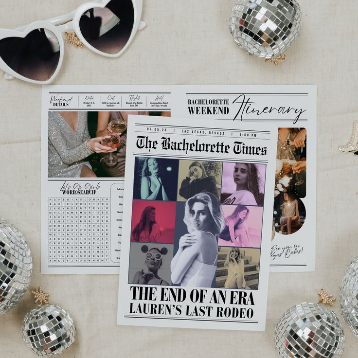 an image of the end of an era newspaper with disco balls and sunglasses on it