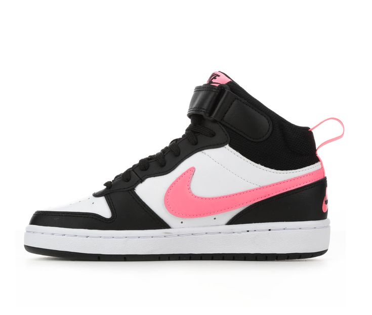 She'll look and feel like an all star off the court with the Nike® Big Kid Court Borough Mid 2 Sneakers. The classic high-top design features a durable upper and a lace-up closure with Velcro strap for an added secure fit. The durable outsole and cushioned insole will allow her to run and play all day in total comfort. Durable combination upper with holes at vamp for breathability,Secure lace-up closure with Velcro strap,Cushioned insole,Durable outsole,Padded collar and tongue for added comfort Nike Court Borough Mid 2, Court Borough Mid 2, Pink And Black Nikes, Nike Court Borough, Play All Day, Athletic Girls, Breathable Shoes, Shoe Carnival, Girls Sneakers