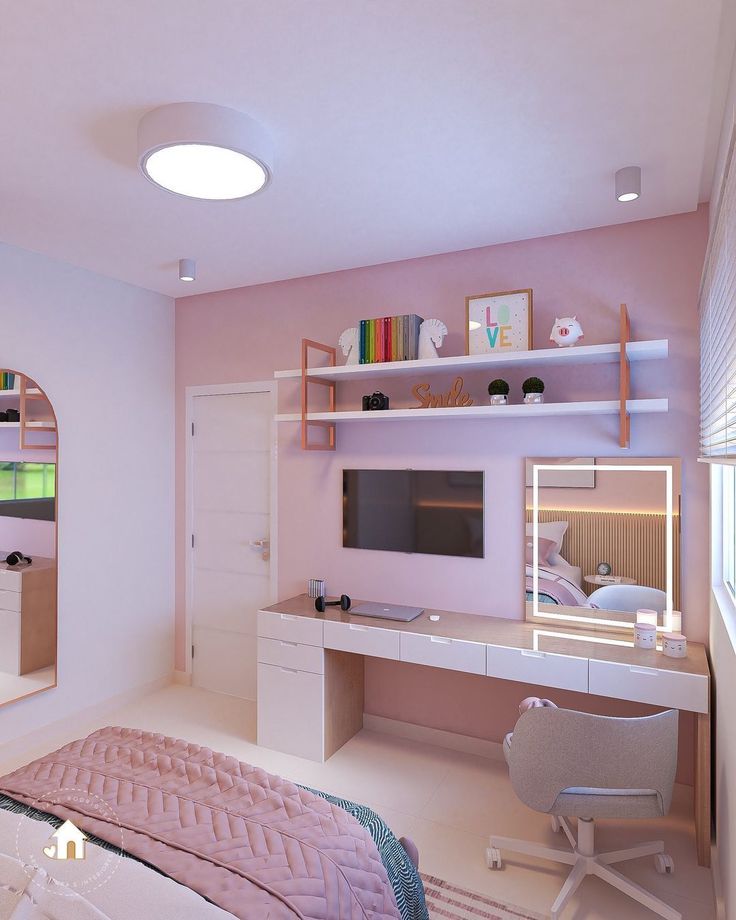 a bedroom with a bed, desk and shelves on the wall next to each other