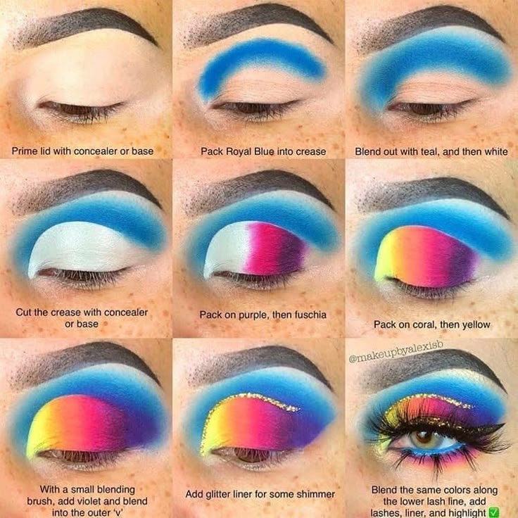 Crazy Eye Makeup, Rainbow Eye Makeup, Maquillage Yeux Cut Crease, Rainbow Eyeshadow, Makeup Pictorial, Tutorial Eyeshadow, Makeup Steps, Makeup Tutorial Eyeshadow, Eye Makeup Steps