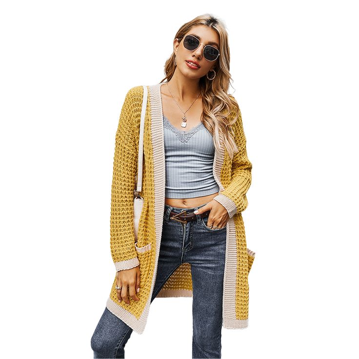 Yellow Long Sleeve Pocketed Thick Cardigan Yellow Casual Cardigan With Pockets, Casual Yellow Cardigan With Pockets, Yellow Winter Cardigan With Pockets, Yellow Open Front Cardigan For Fall, Thick Cardigan, Loose Knit Cardigan, Women Lace Dress, Loose Cardigan, Sweater Layering