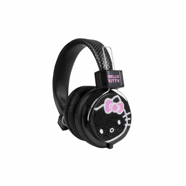 the hello kitty headphones are black with pink and white polka dots on each ear