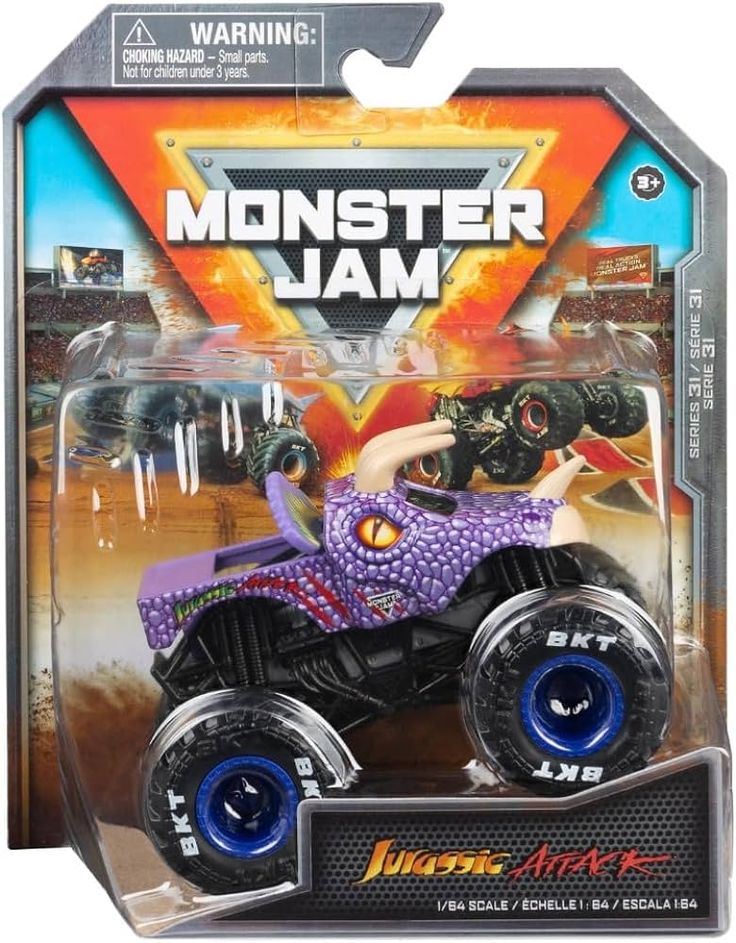 a toy monster truck with blue wheels on it's front and the words monster jam written