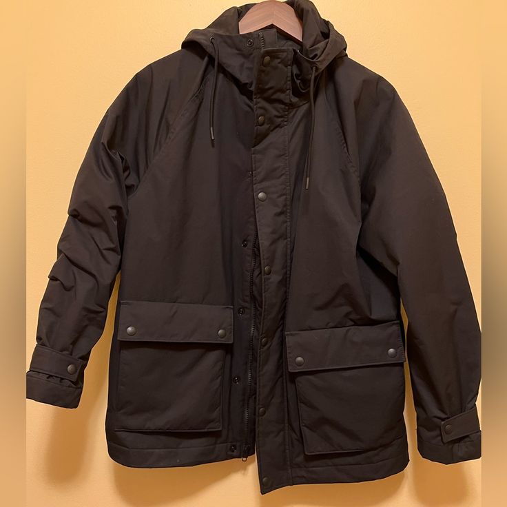 Really Nice Jacket. It’s A Little Big On Me So It’s Up For Sale! Hardly Worn. Basically Brand New. Casual Black Weatherproof Windbreaker, Casual Black Parka With Detachable Hood, Casual Black Utility Jacket With Adjustable Hood, Weatherproof Long Sleeve Utility Jacket For Cold Weather, Casual Weatherproof Winter Outerwear, Black Hooded Winter Utility Jacket, Casual Black Windbreaker For Cold Weather, Casual Weatherproof Long Sleeve Outerwear, Utility Waterproof Outerwear For Cold Weather