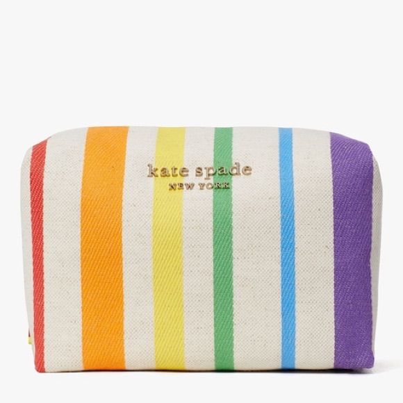 Kate Spade Rainbow Large Makeup Bag. Never Used. Brand New. Yarn-Dyed Jacquard Canvas Faille Lining Cosmetic Case With Zip-Around Closure Slip Pocket Pinmount Logo 5.9"H X 7.8"W X 3"D Imported Style No. Pwr00473 Rainbow Accessories, Pride Shoes, Large Makeup Bag, Bags Kate Spade, Cosmetic Case, Kate Spade Bags, Kate Spade Bag, Beauty Brand, Sale Design