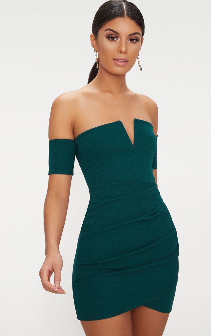 Emerald Green Bardot Wrap Front Bodycon Dress Emerald Green Dress, Fall Fashion Skirts, Body Con Dress Outfit, Dress Night Out, Emerald Green Dresses, Coctail Dresses, Green Wrap, Green Dresses, Dress Wrap