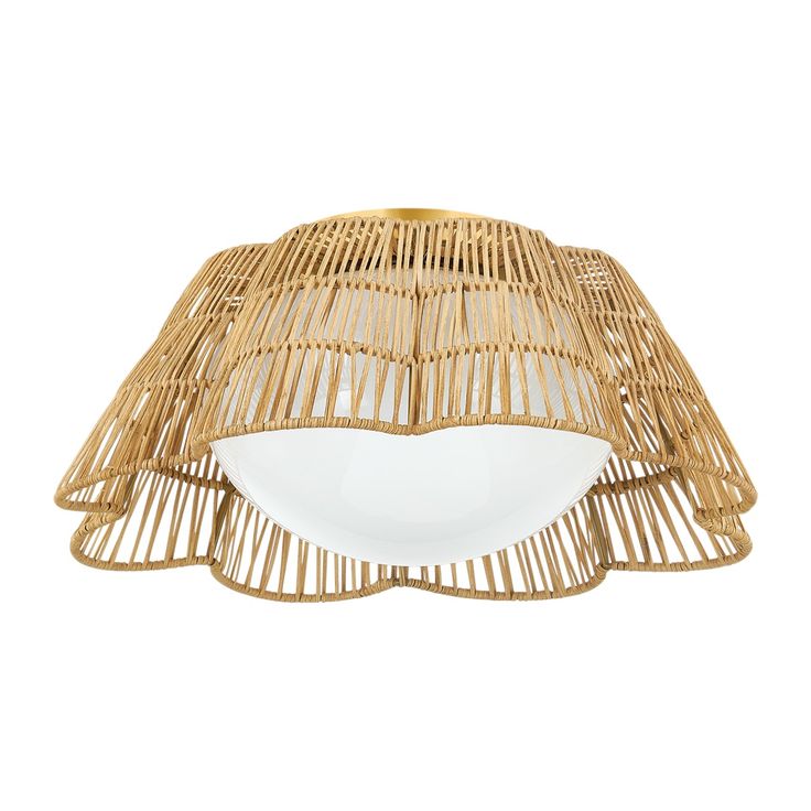 a light that is made out of wicker and has a white bowl underneath it