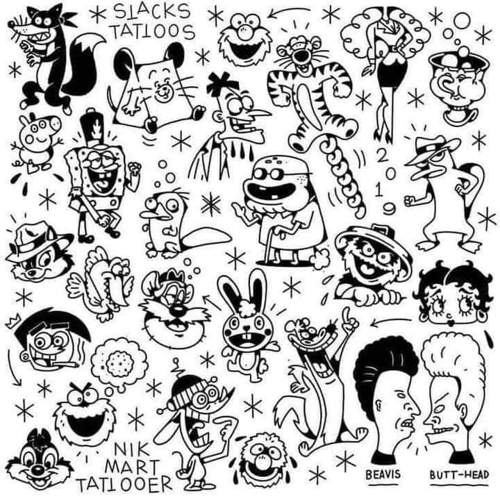 a bunch of cartoon characters drawn in black and white