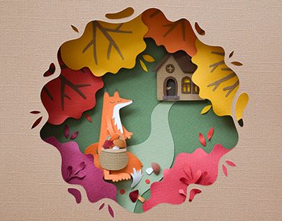 a paper cut out of a fox holding a basket with leaves around it and a house in the background