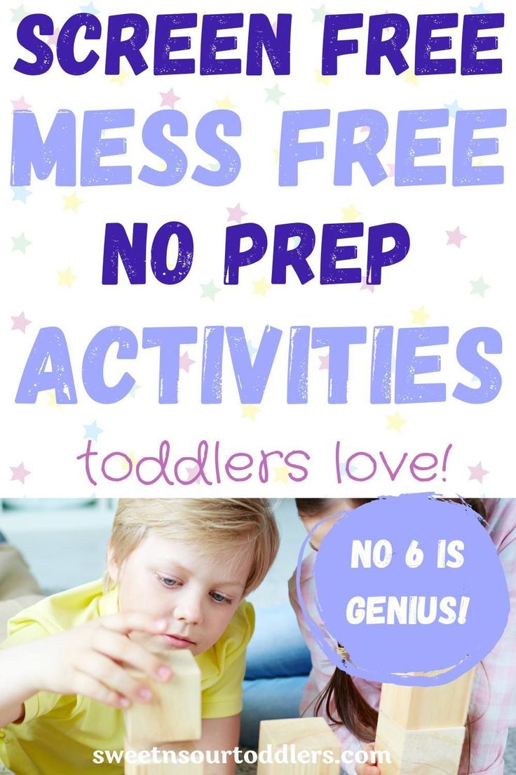 two children playing with wooden blocks and the words screen free mess free no prep activities