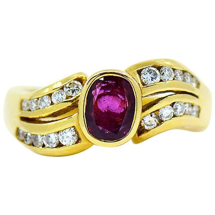 Ruby & diamond ring by Assor Gioielli. Beautiful oval shape red ruby set in a well crafted 18k yellow gold ring & flanked by two rows of round brilliant cut diamonds on both sides in a wave design. The approximately 0.75 carat Ruby measures approximately 6.00 mm x 5.00 mm. Total weight of diamonds is approximately 0.25 carats. This ring is size 7 and can be resized uppon request. Please allow 3 to 4 business days for re-sizing. Total gram weight 7.20 grams. Ring Specifications: Designer: Assor G Ruby Set, Ruby Diamond Ring, Ruby Rings, Ruby Diamond Rings, 18k Yellow Gold Ring, Ruby Jewelry, Wave Design, Ruby Diamond, Ruby Gemstone