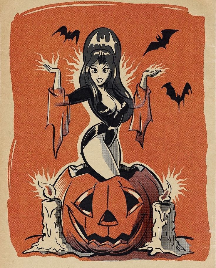 a drawing of a woman sitting on top of a pumpkin with bats flying around her