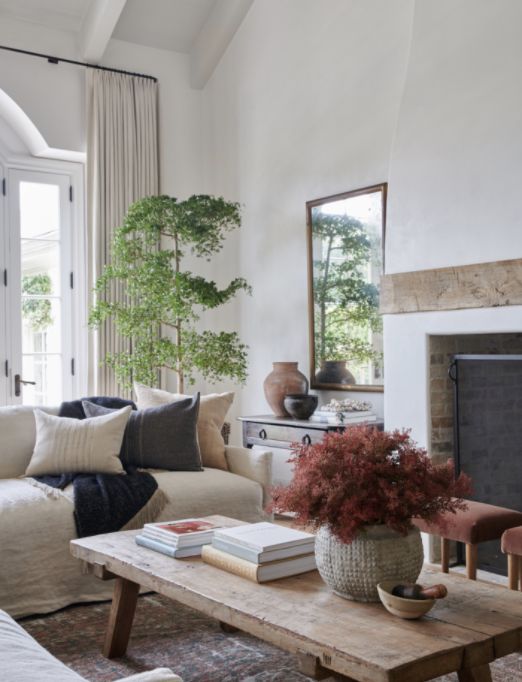 a living room filled with furniture and a fire place in front of a mirror on the wall