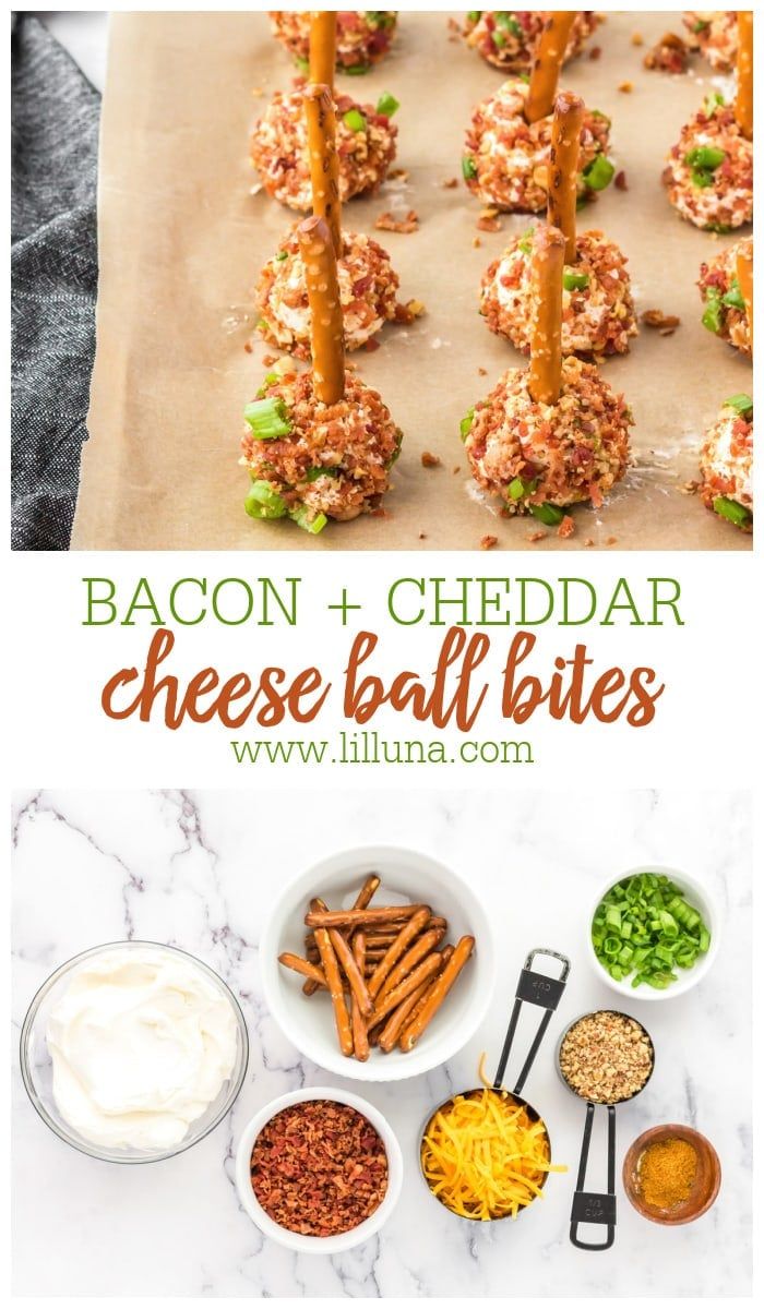 bacon and cheddar cheese ball bites on a baking sheet with other snacks in bowls