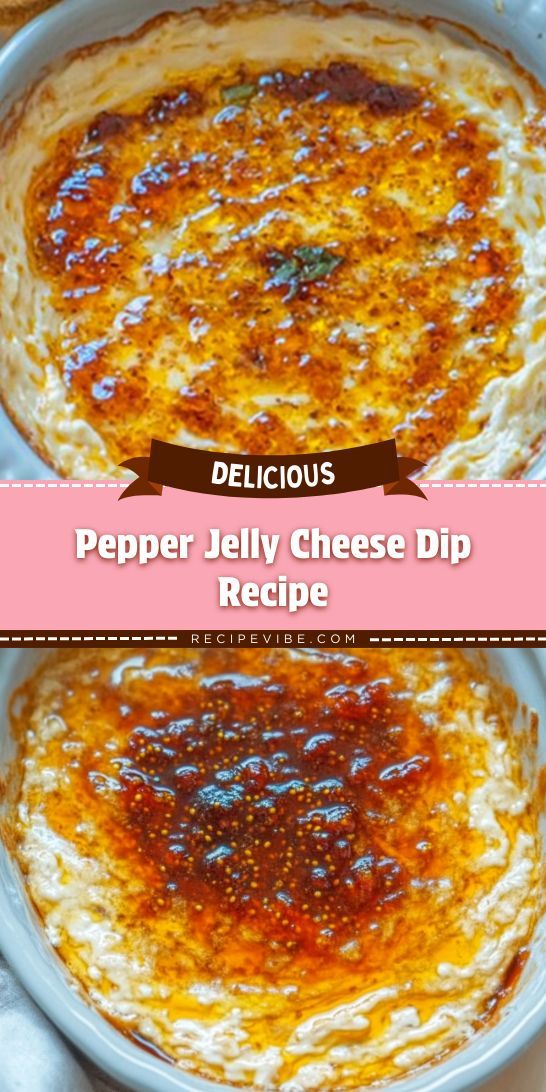 two different views of a cheese dip in a bowl with the words delicious pepper jelly cheese dip recipe