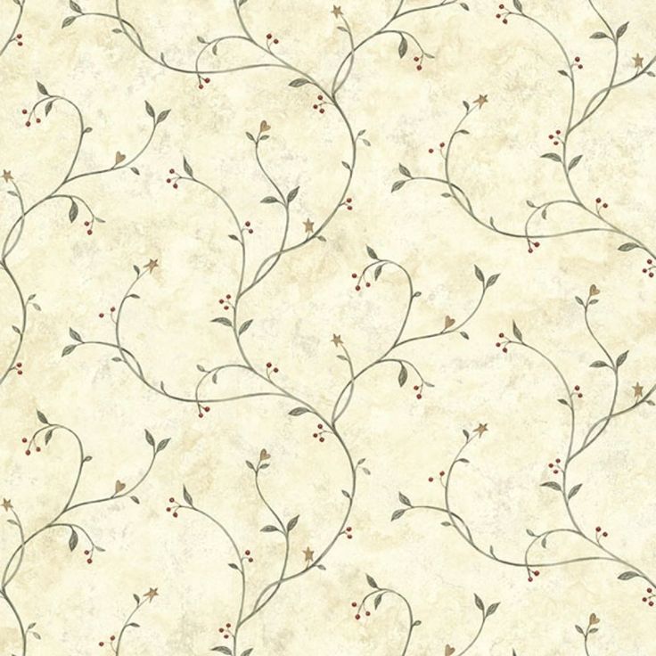 a beige wallpaper with small red berries and green leaves on the top of it