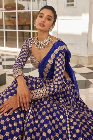 Blue flared attached cancan lehenga with mirror hand embroidery in floral pattern. Paired with a padded mirror embroidered blouse and dupatta with mirror embroidered border. - Aza Fashions Blue Pre-draped Saree With Gota Work For Reception, Blue Pre-draped Saree With Gota Work For Navratri, Sharara With Motifs For Diwali Reception, Diwali Reception Sets With Motifs, Designer Blue Pre-draped Saree With Gota Work, Blue Pre-draped Saree With Gota Work, Floor-length Party Choli With Motifs, Party Floor-length Choli With Motifs, Party Choli With Motifs For Eid