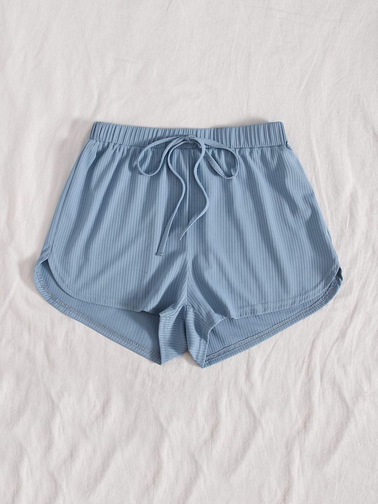 Tie Waist Rib-knit Track Shorts - INS | Online Fashion Free Shipping Clothing Blue Shorts For Vacation, Blue Solid Color Shorts For Vacation, Ribbed Bottoms For Beach Summer, Ribbed Bottoms For Vacation, Comfortable Blue Lounging Shorts, Blue Shorts With Elastic Waistband For Lounging, Blue Elastic Waistband Shorts For Lounging, Stretch Solid Color Lounging Shorts, Casual Blue Pajama Shorts For Lounging