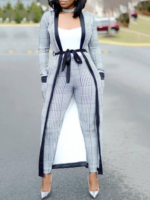 Houndstooth Print Cardigan and Pants Set Mode Kimono, Urban Chic Fashion, Virtuous Woman, Africa Dress, Striped Wide Leg Pants, Business Wear, Casual Rompers, Fashion Styling, Teacher Outfits