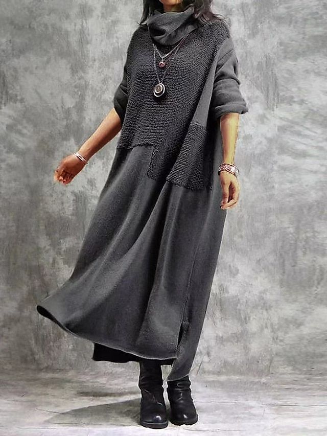 Women's Casual Dress Winter Dress Plain Dress Long Dress Maxi Dress Patchwork Split Outdoor Daily Going out Active Fashion Turtleneck Long Sleeve 2023 Loose Fit Black Wine Gray Color M L XL XXL 3XL 2024 - $35.99 Halter Pattern, Long Sleeve Turtleneck Dress, Grey Maxi Dress, Plain Dress, Vestido Casual, Slim Dresses, Long Sleeve Maxi, Style Dresses, Sleeves Pattern