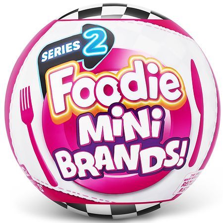 the foodie mini brands logo is displayed on a white and black striped plastic ball