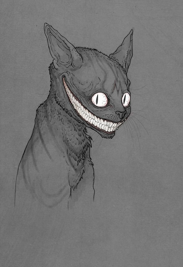 a black and white drawing of a cat with an evil smile on it's face