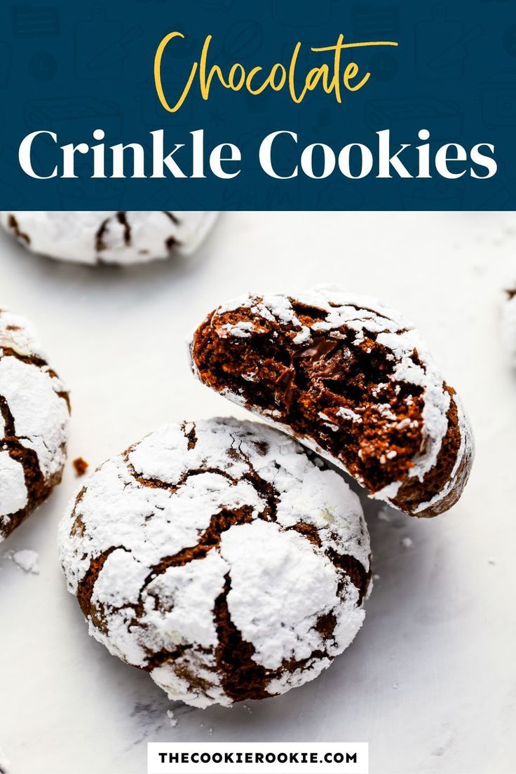 chocolate crinkle cookies are stacked on top of each other with powdered sugar