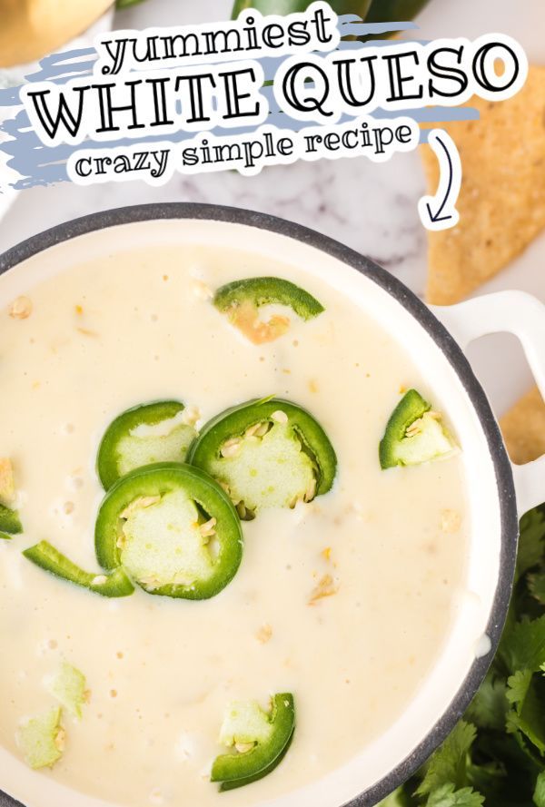 A dark blue pot filled with White Queso and jalapeño slices on top. White Mexican Cheese Dip, Mexican Cheese Dip Recipes, Green Chile Queso, Mexican Cheese Dip, White Queso Recipe, White American Cheese, Cheese Dip Mexican, White Cheese Dip, White Queso Dip