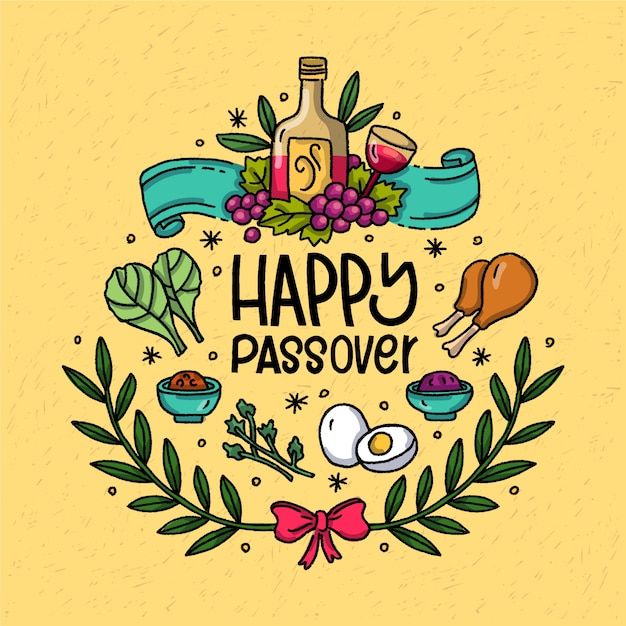 the happy passover logo is surrounded by various foods and drinks on a yellow background