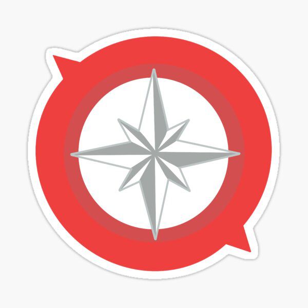 a red and white compass sticker with the letter q in it's center