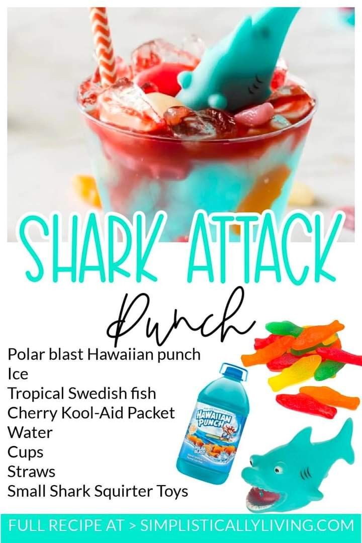 Shark Punch For Kids, Shark Food, Shark Bite Drink Non Alcoholic, Jaws Party Food, Jaws Themed Cocktail, Shark Drinks For Kids, Shark Week Drinks, Shark Week Recipes, Fun Drink Recipe