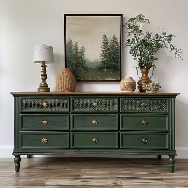 a green dresser with gold handles and knobs on it in front of a painting