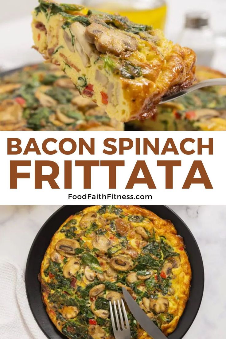 bacon spinach frittata on a plate with a fork and spoon in it