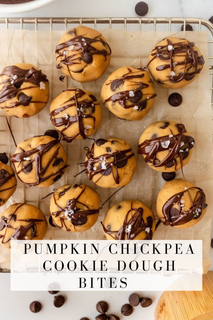 pumpkin chickpea cookie dough bites with chocolate drizzled on top and title