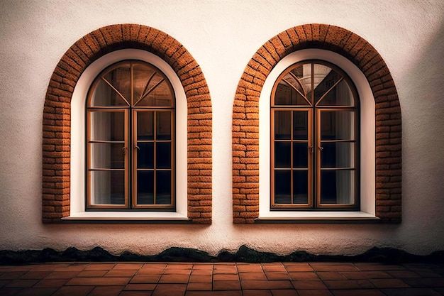 two arched windows on the side of a white building with brick flooring and red bricks