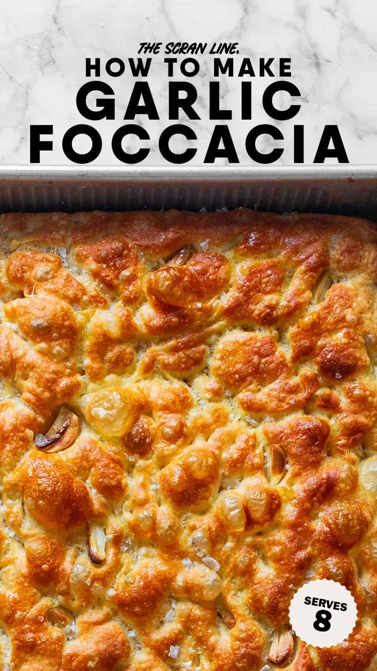 the recipe for how to make garlic focaccia is shown in a baking pan