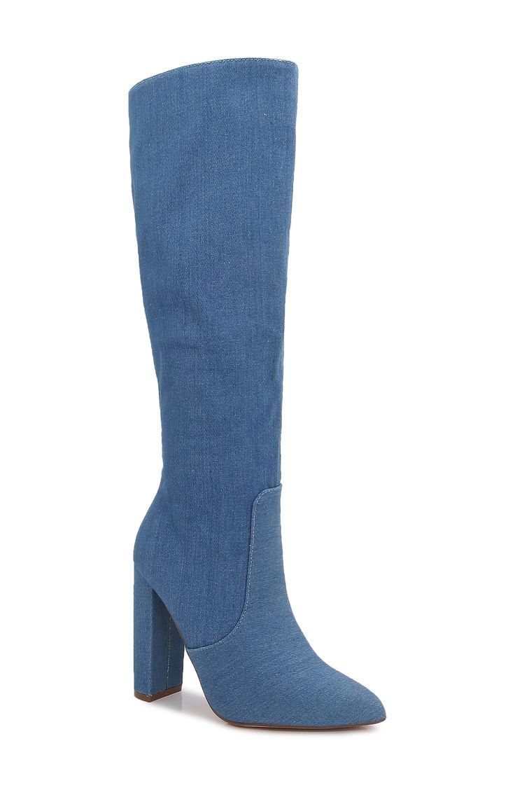 A pointed toe and wrapped block heel balance a metallic croc-embossed boot shaped in a knee-high silhouette for bold appeal. 3" heel 15" shaft; 16" calf circumference Synthetic upper, lining and sole Imported Spring Denim Knee-high Boots, Denim Knee-high Boots For Spring, Spring Knee-high Denim Boots, Spring Fitted Knee-high Boots With Stacked Heel, Fitted Knee-high Boots With Stacked Heel For Spring, Trendy Fitted Knee-high Boots With Stacked Heel, Fitted Knee-high Boots With Reinforced Heel For Spring, Spring Tall Heeled Boots With Stacked Heel, Embossed Boots