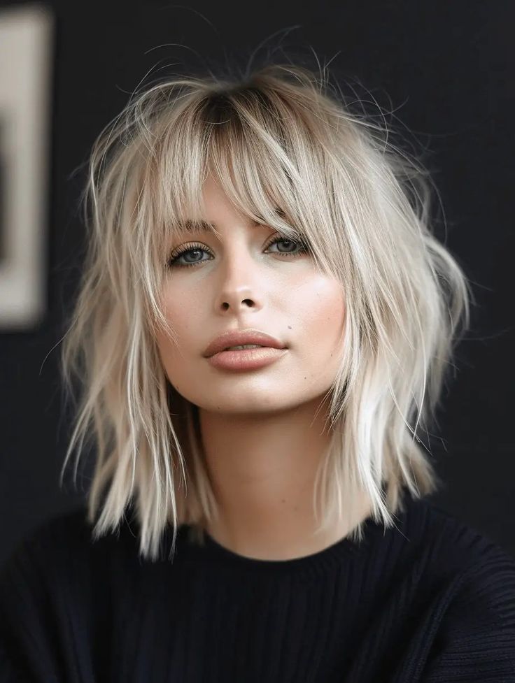 Short Blonde Fringe, Blond Short Hair With Bangs, Long Blonde Bob With Fringe, Shaggy Bob With Fringe, Haircut 2024 Woman, Blonde Hair Full Fringe, Blonde Haircut Ideas, Blonde Bob Wispy Bangs, Blonde Rocker Messy Fringe