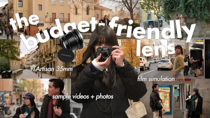 a woman holding a camera in front of her face while standing on the street with other people