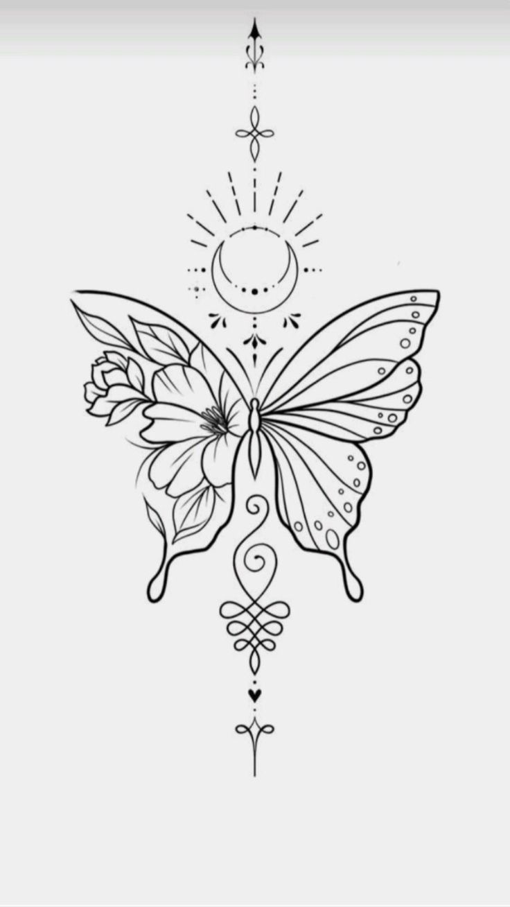 Unique Butterfly Tattoo Design for Women Half Floral Half Butterfly Tattoo, Butterfly Tattoo On Sternum, Butterfly And Flower Tattoo Stencil, Medium Tattoo Stencils, Butterflies Tattoos For Women, Tattoo Stencils Outline For Women Leg, Patchwork Tattoo Ideas Arm Woman, Small Tattoos For Black Skin, Beginner Tattoos Ideas For Women