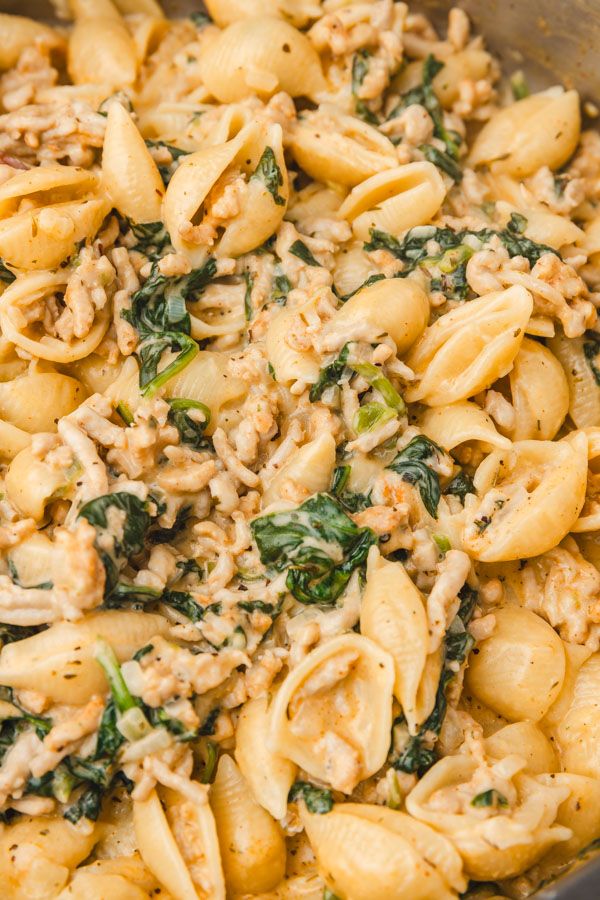 pasta with spinach and chicken in a skillet