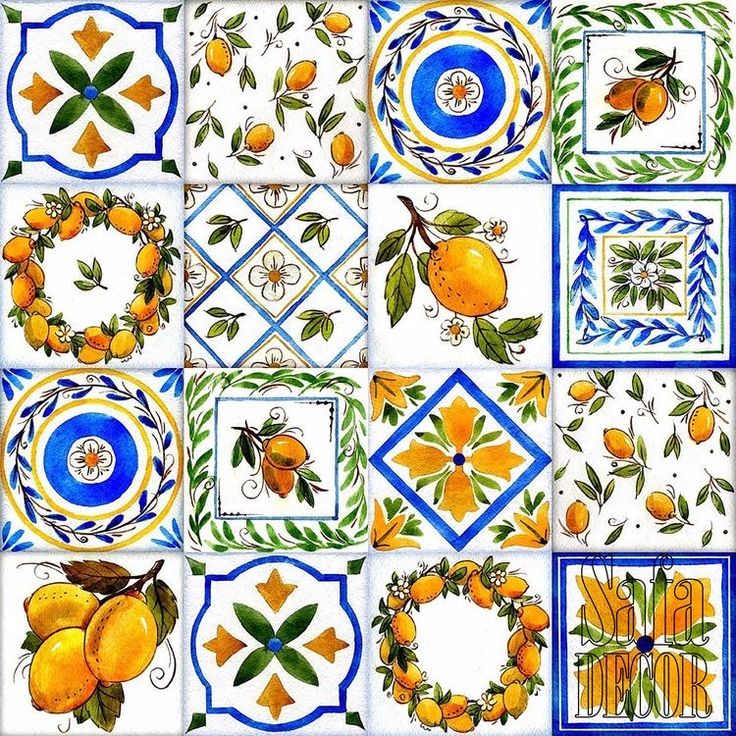 an artistic tile design with oranges and leaves on the border, surrounded by other tiles