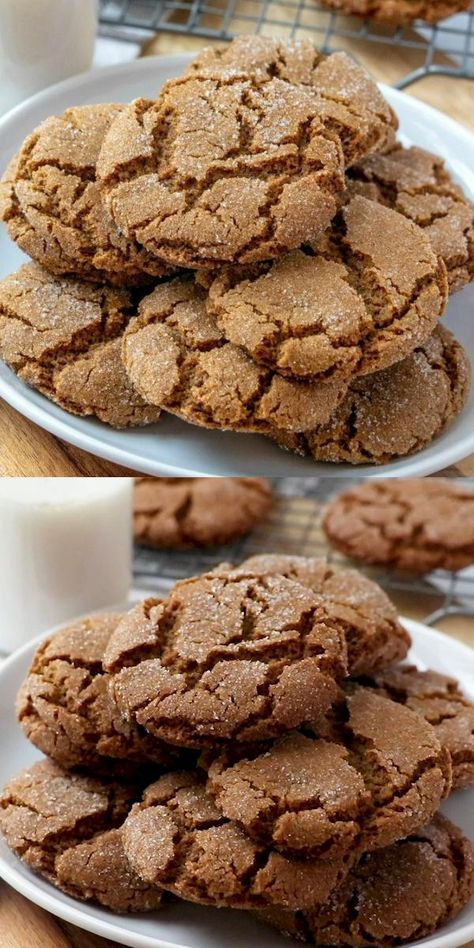 three different views of cookies stacked on plates with milk in the background and another view of chocolate cookies