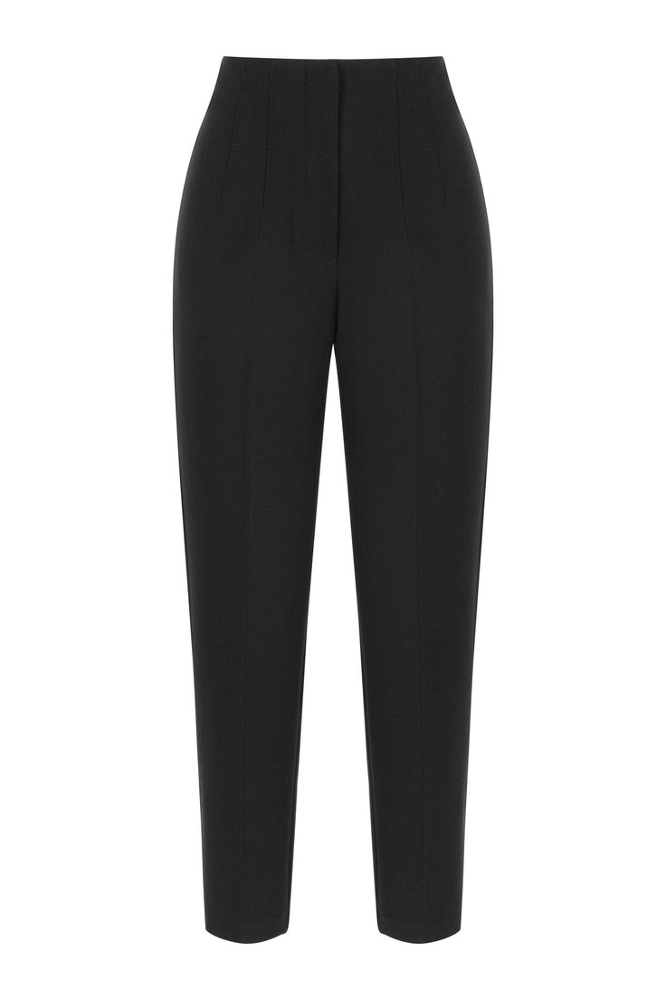 Designed with a chic and slimming silhouette, these pants are crafted from a superior fabric that withstands the demands of a busy lifestyle. Transitioning seamlessly from day to evening wear, they offer an ideal selection. With a regular fit, unlined construction, and double dart accents on both the front and back, these high-waisted trousers feature a fly zipper with hook closure and no pockets. Dry clean Material:72% Polyester, 22% Viscose, 6% Elastane High rise Officially licensed Imported B Chic Straight Silhouette Evening Bottoms, Chic Straight Silhouette Pants For Evening, Chic Straight Silhouette Evening Pants, Chic Black Pants With Straight Silhouette, Chic Tapered Leg Office Pants, Black Straight Silhouette Pants For Office, Elegant Stretch Straight Leg Bottoms, Elegant Stretch Bottoms With Straight Silhouette, Elegant Stretch Straight Silhouette Bottoms