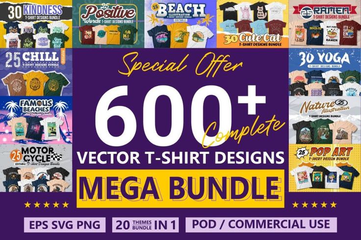 Vector-TShirt-Designs-Mega-Bundle-Bundles-27358785-1 Yoga Guide, Beach Illustration, Cricut Craft Room, Typography Tshirt, Best Graphics, Cartoon T Shirts, Embroidery Fonts, Nature Illustration, Positive Words