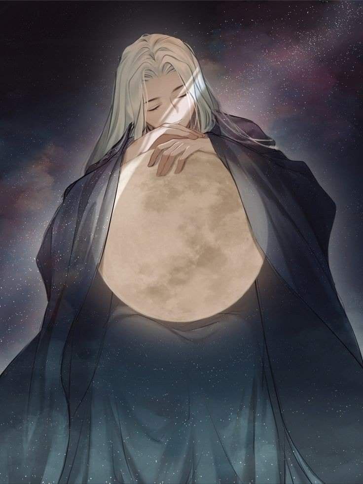 a woman holding the moon with her hands in front of her face and looking up at the sky