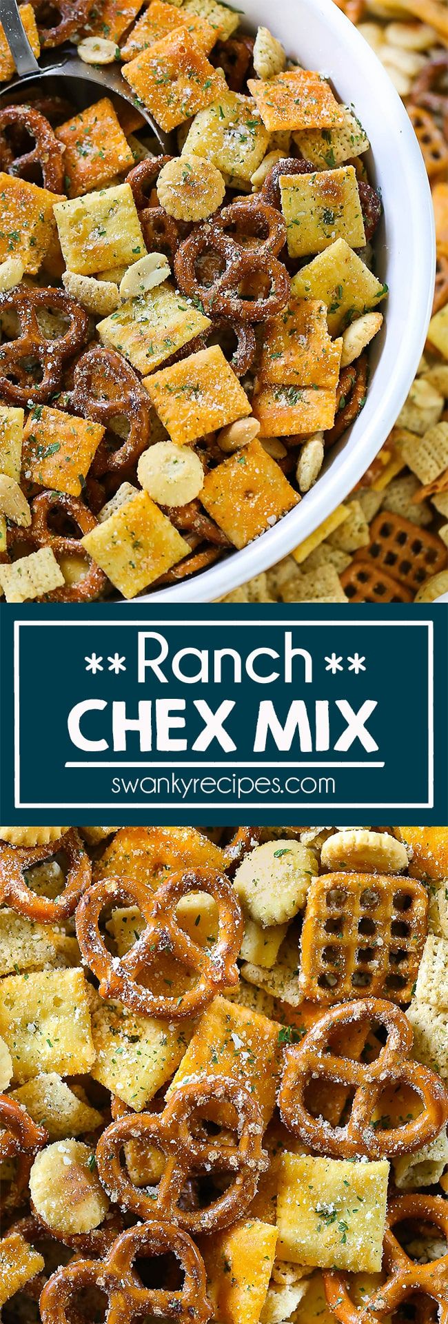 ranch chex mix in a white bowl on top of waffles next to a blue sign that says ranch chex mix