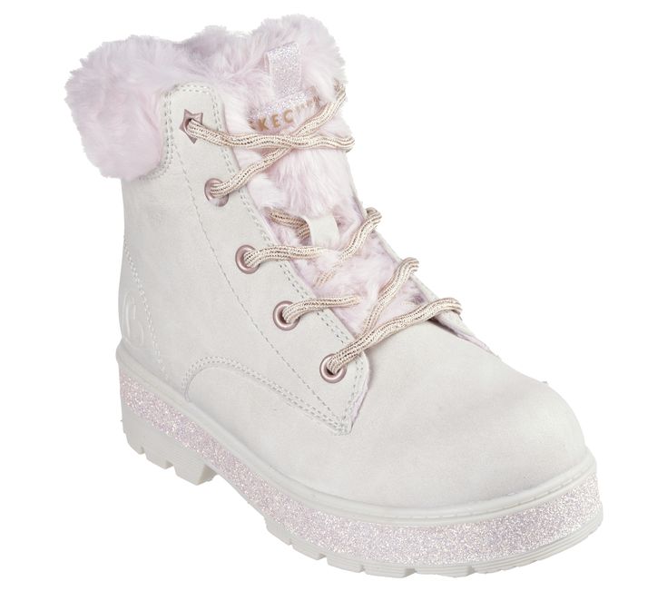 Cozy comfort meets cool combat-inspired style in Skechers Street Glitz. This lace-up casual cool weather boot features a synthetic upper with faux fur trim and a side zip closure. | Skechers Girl's Street Glitz Boots | Medium Width | Smooth synthetic upper with plush faux-fur trim | Cushioned comfort insole | Lace-up front with side zipper for easy access | Metallic glitter accented midsole platform | 5-inch shaft height | 1 1/4-inch heel | Skechers Winter Synthetic Lace-up Combat Boots, Skechers Snow Boots, Pink Snow Boots Women, Fuzzy Boots Kohl's, Casual Lace-up Boots With Faux Fur Trim, Kids Snow Boots, Weather Boots, 4 Inch Heels, Wide Shoes